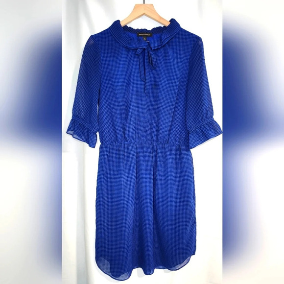 Banana Republic Dress Women's Size‎ Small Blue Black Houndstooth Ruffle Neck - Picture 1 of 10